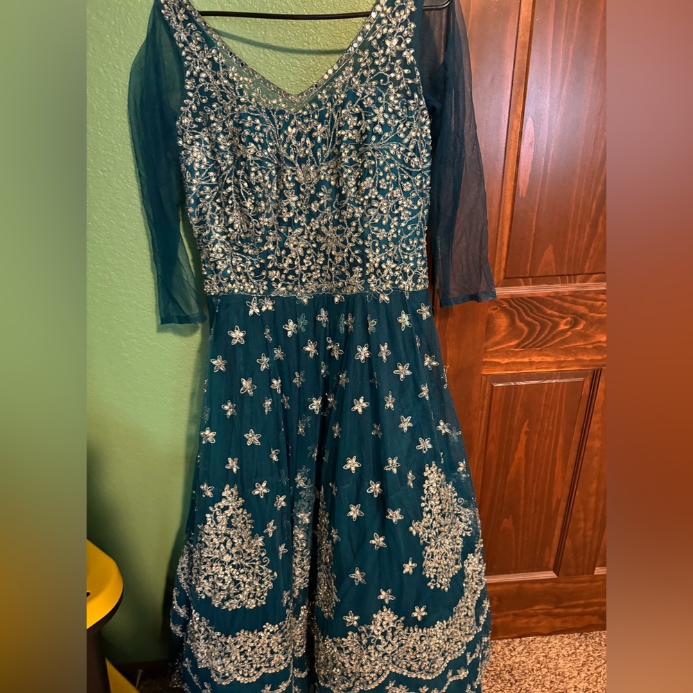 Elegant Teal and Silver Embellished Dress